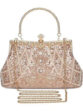 Women Champagne Beaded Vintage Rhinestone Bridal Clutch Formal Purse Evening Bag